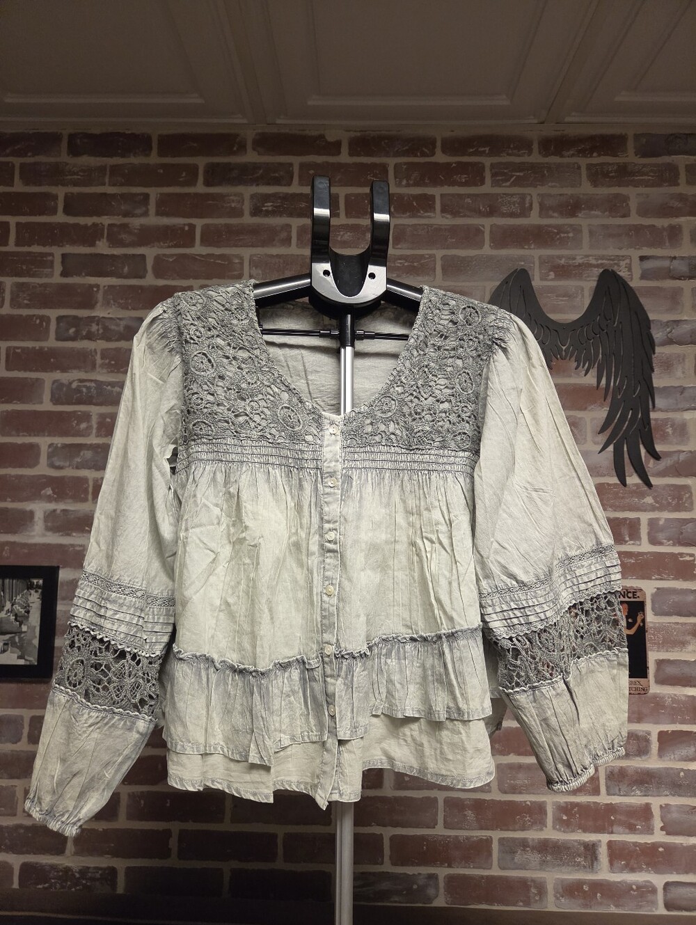 POL Light Gray Lace Yoke Button-Front Blouse